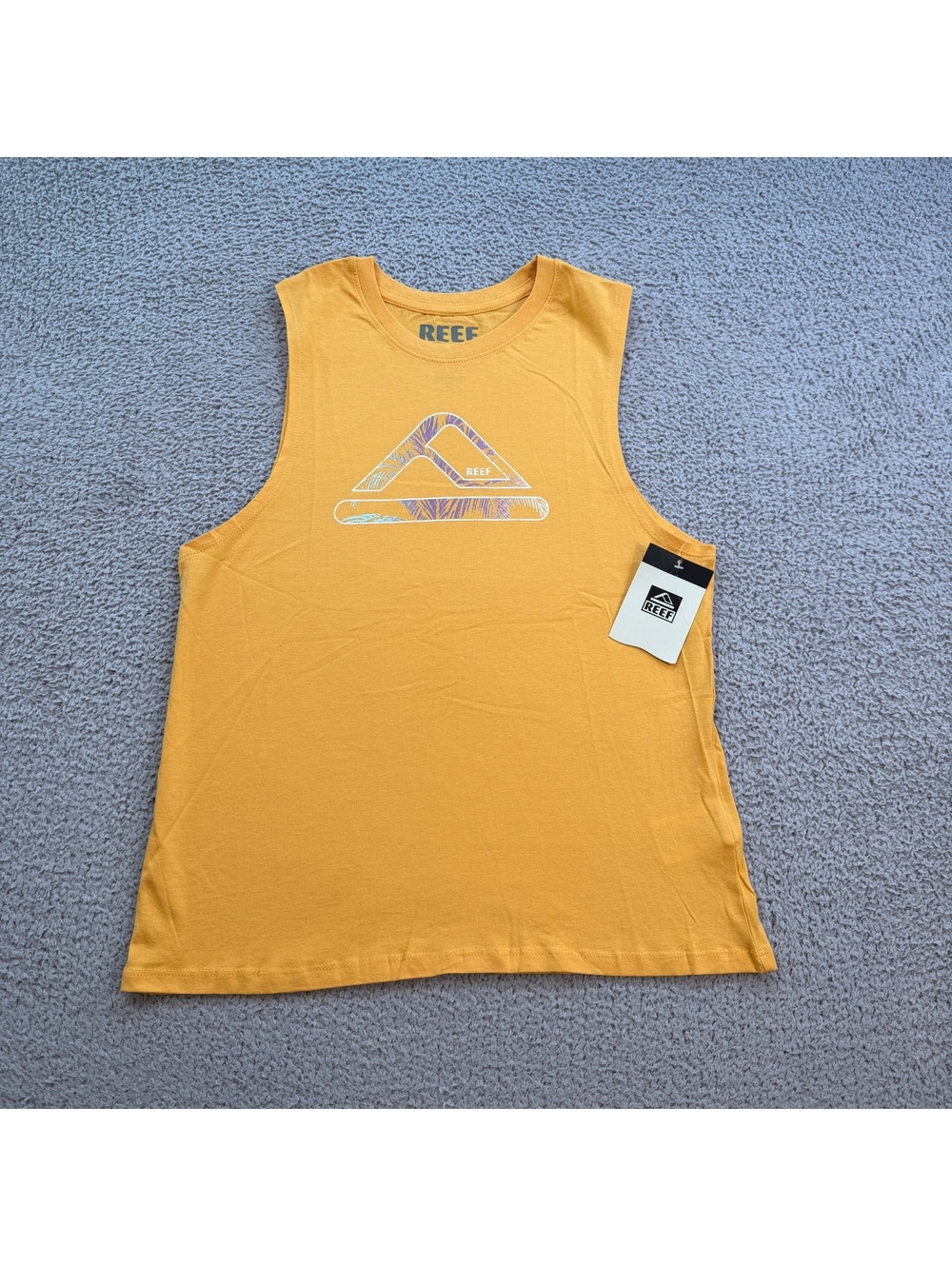 REEF Crys Women’s Muscle Tank Top Gold Palm Graphic Sleeveless Shirt NWT Medium